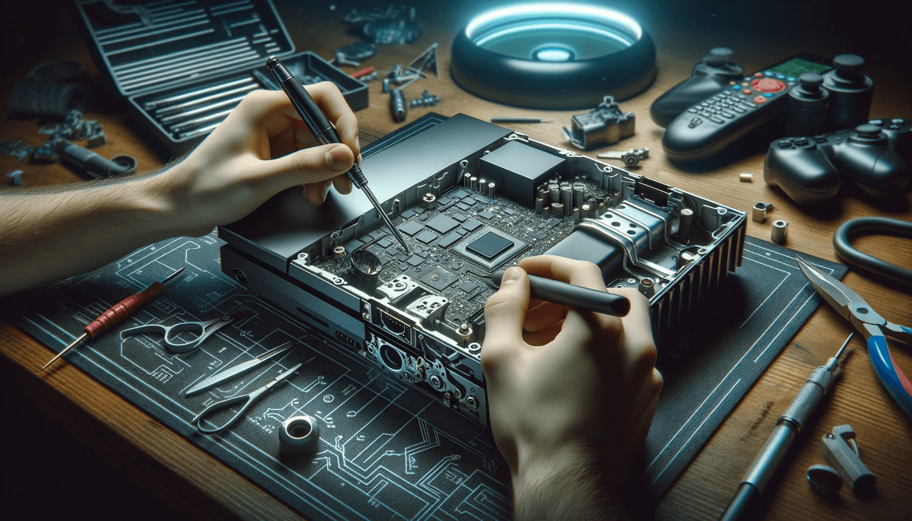 DALL·E-2023-10-30-19.34.44-Photorealistic-image-of-a-professional-console-repair-workspace.-The-focus-is-on-a-gaming-console-laid-open-with-intricate-parts-visible.-The-technici-1